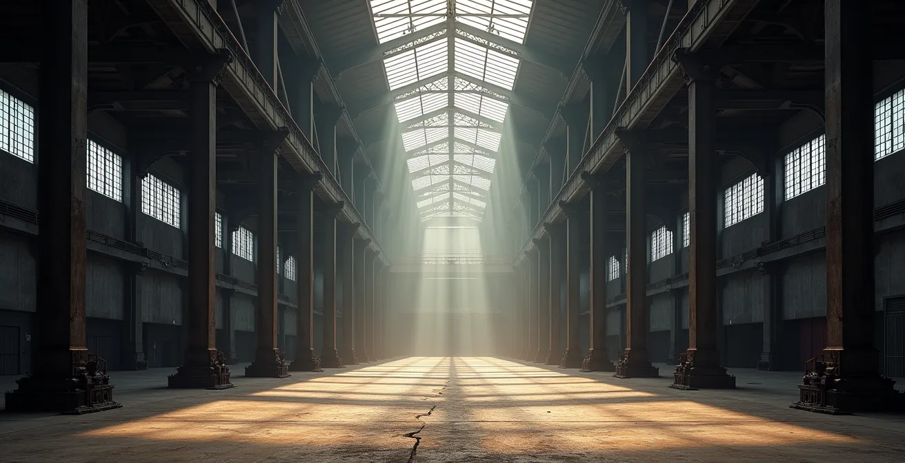 Innenraum der AEG-Turbinenhalle mit dramatischem Lichteinfall, der die monumentale Stahlkonstruktion und die kathedralenartige Atmosphäre hervorhebt.