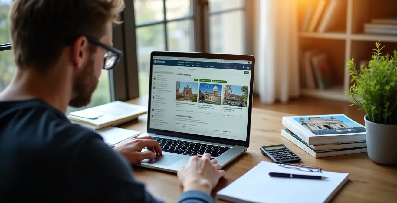 Person prüft Airbnb-Inserat am Laptop mit Notizen