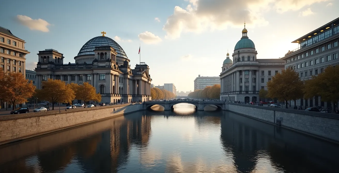 Architektonischer Kontrast zwischen historischem Reichstag und modernem Kanzleramt über die Spree hinweg