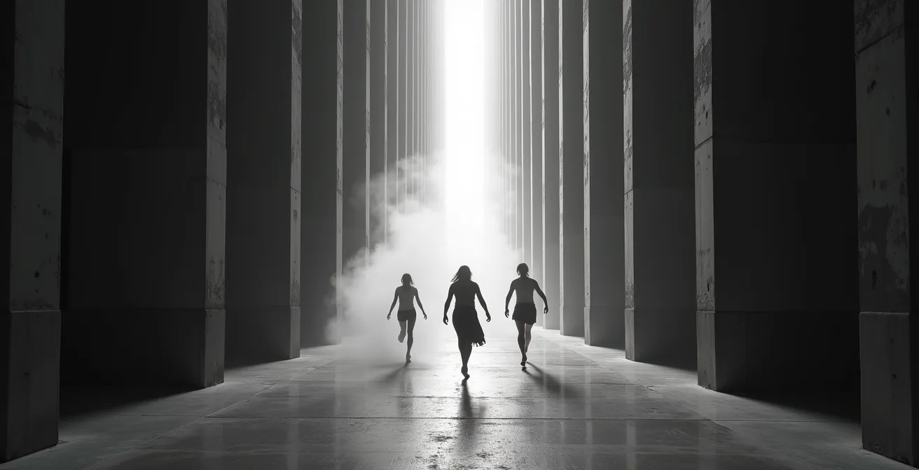 Der monumentale Hauptdancefloor des Berghain mit tanzenden Silhouetten im Stroboskoplicht