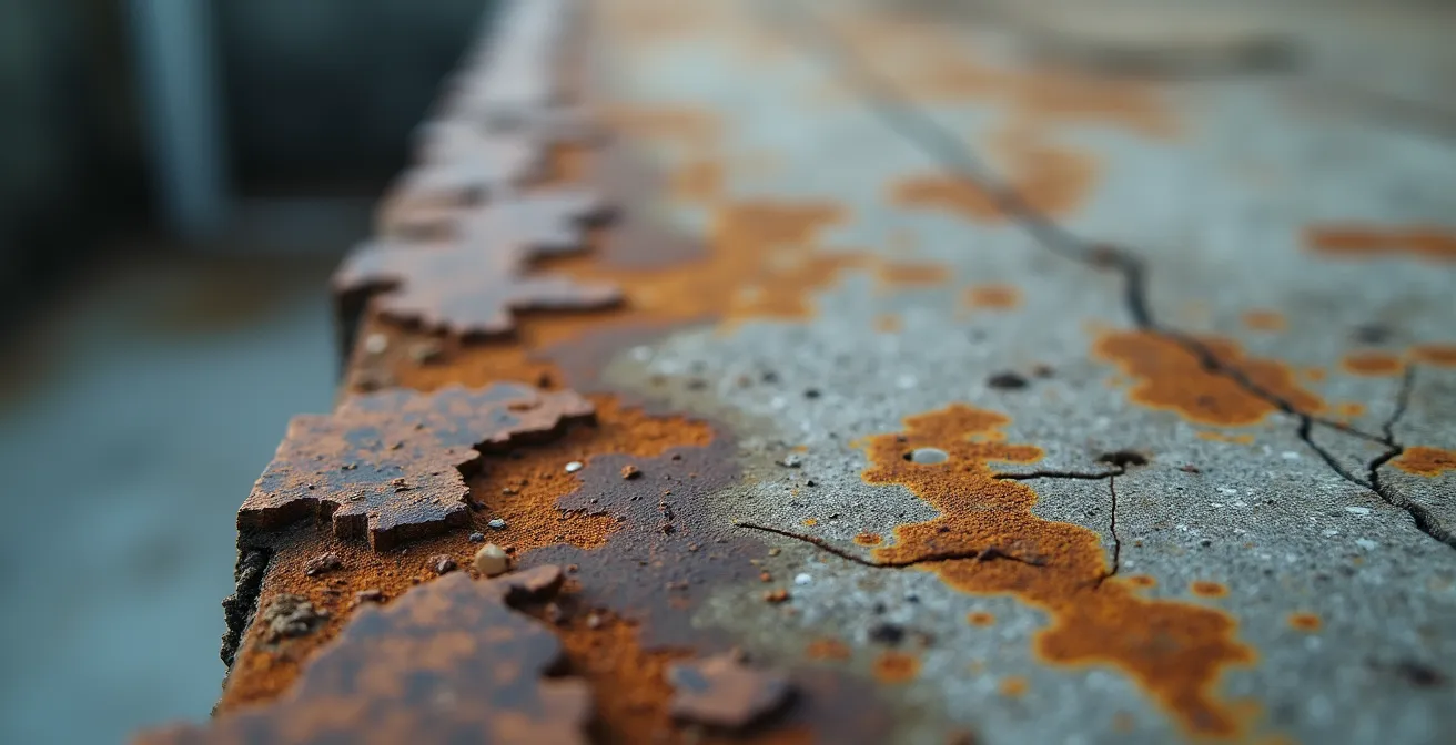 Extreme Nahaufnahme der verwitterten Betonoberfläche mit industrieller Patina