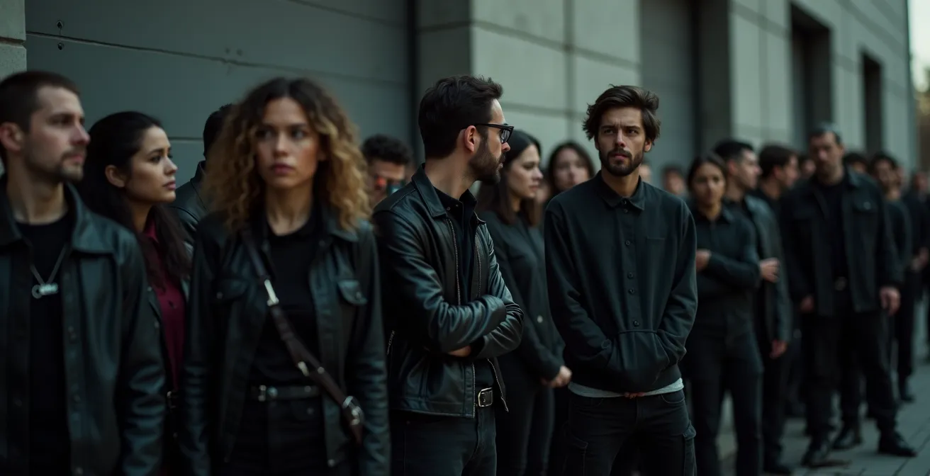 Menschen verschiedener Stile warten geduldig in der Schlange vor dem Berghain