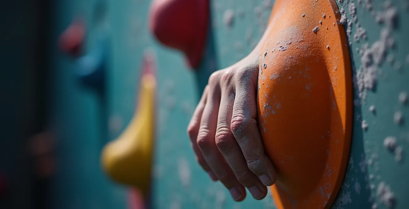 Makroaufnahme einer mit Chalk bedeckten Hand an einem bunten Klettergriff neben unscharfen Wakeboard- und Kletterausruestungsdetails