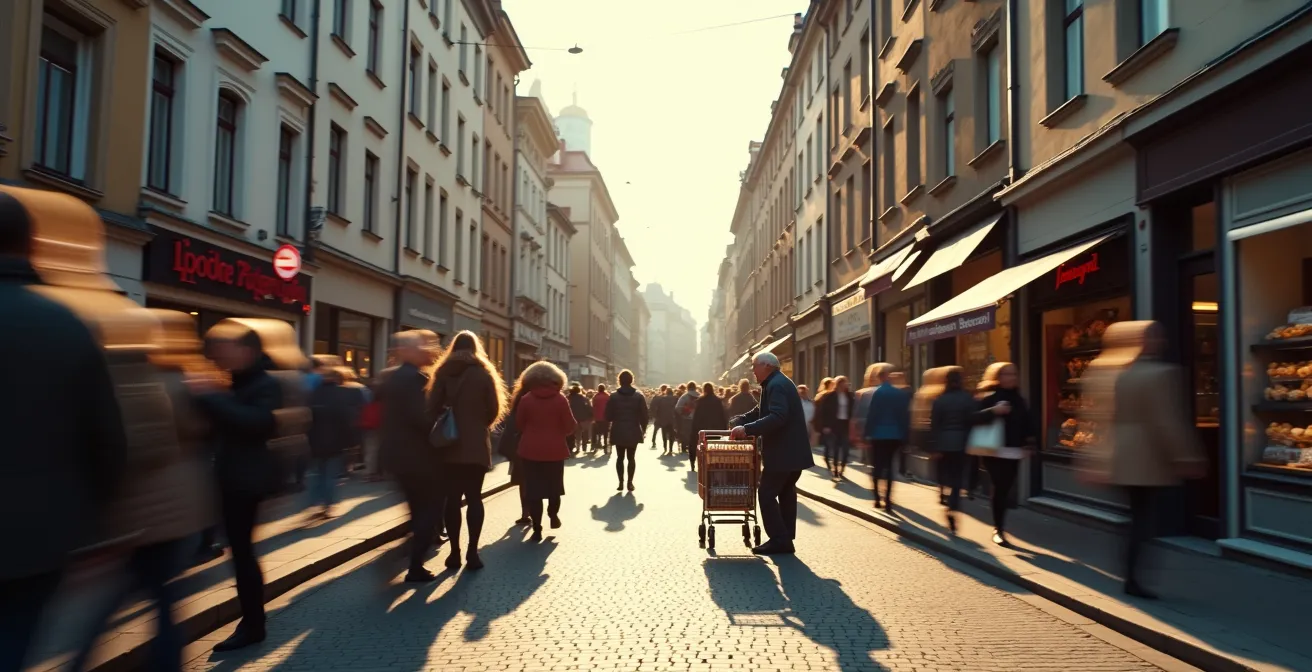 Geteilte Straßenszene zeigt Touristenmassen und leeren Kiez nebeneinander