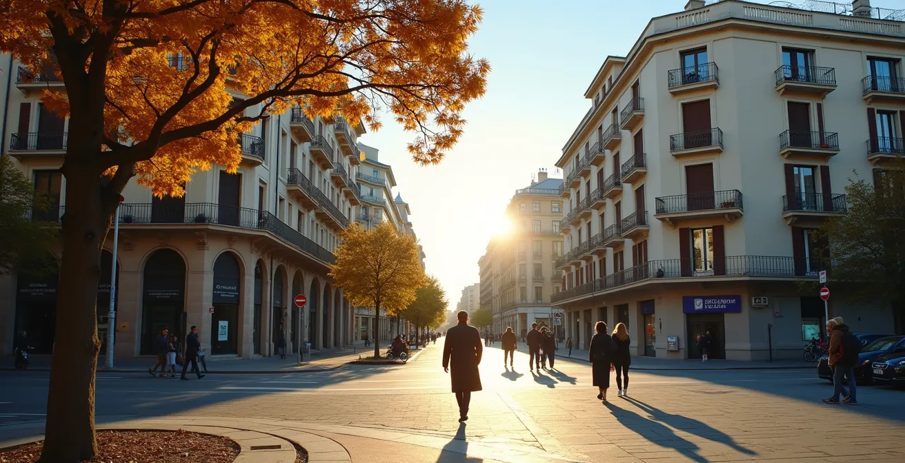 Symbolischer Vergleich der Integration in Berlin und Barcelona, links eine Berliner Altbau-Szene, rechts eine sonnige Barcelona-Szene.