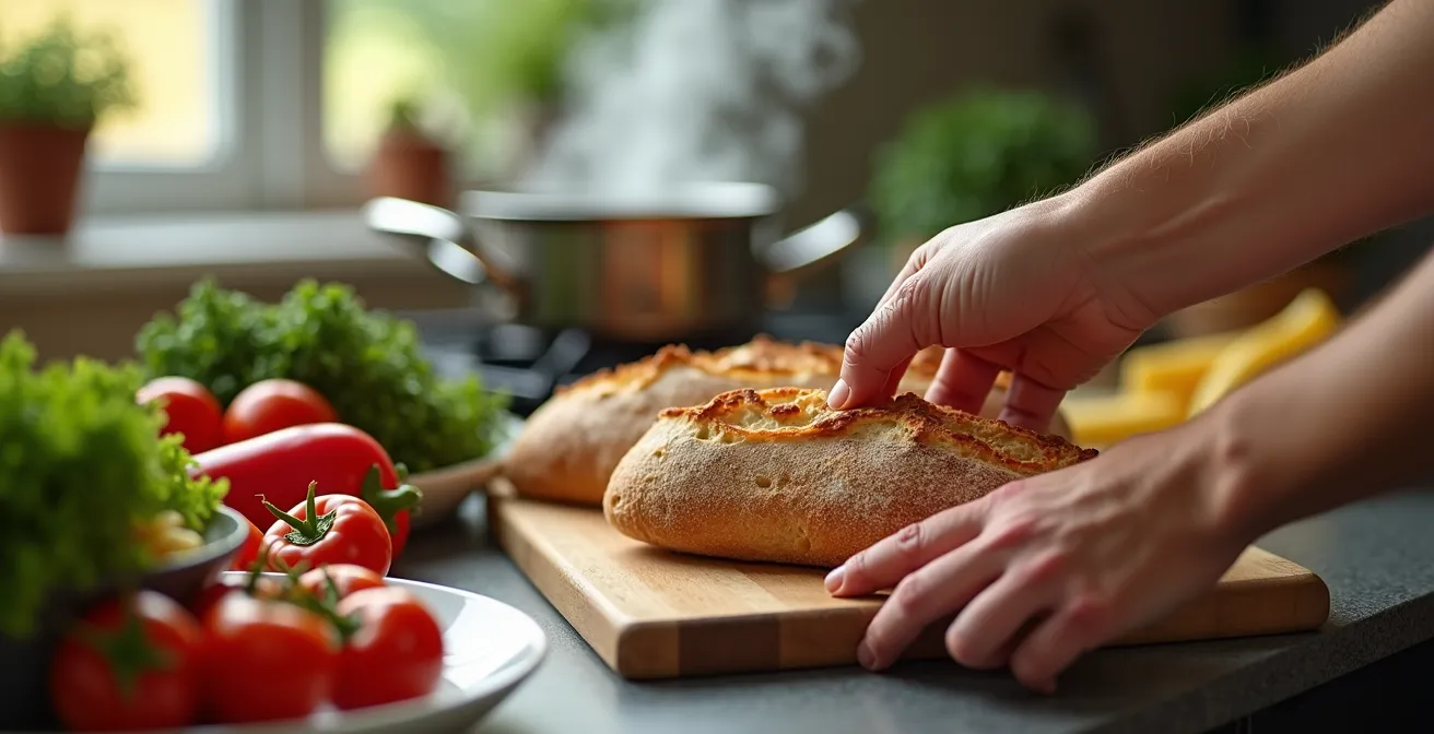 Backpacker beim günstigen Einkauf von Lebensmitteln und beim Kochen in einer belebten Hostelküche in Berlin