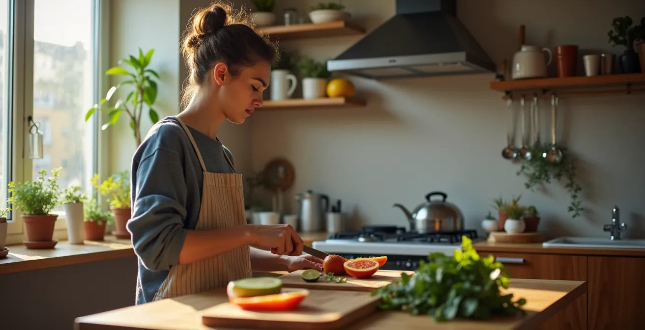 Gemütliches WG-Zimmer in Berliner Altbau mit Student beim Kochen