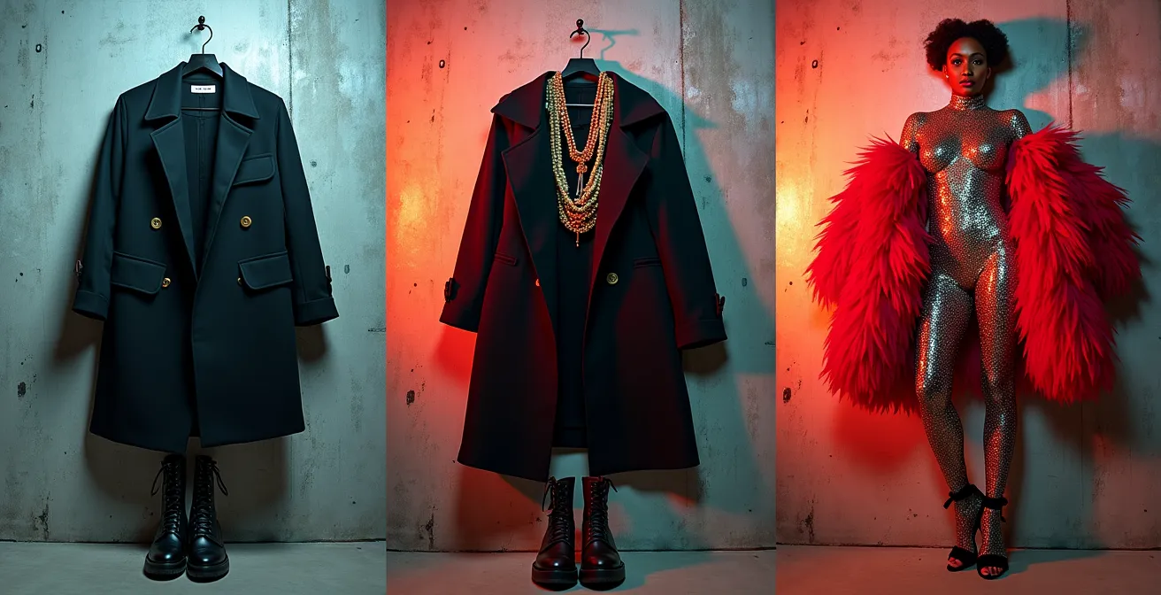 Kontrastreiches Nebeneinander verschiedener Clubkulturen und ihrer Dresscodes in Berlin, dargestellt durch Outfits für Techno, Jazz und Drag.