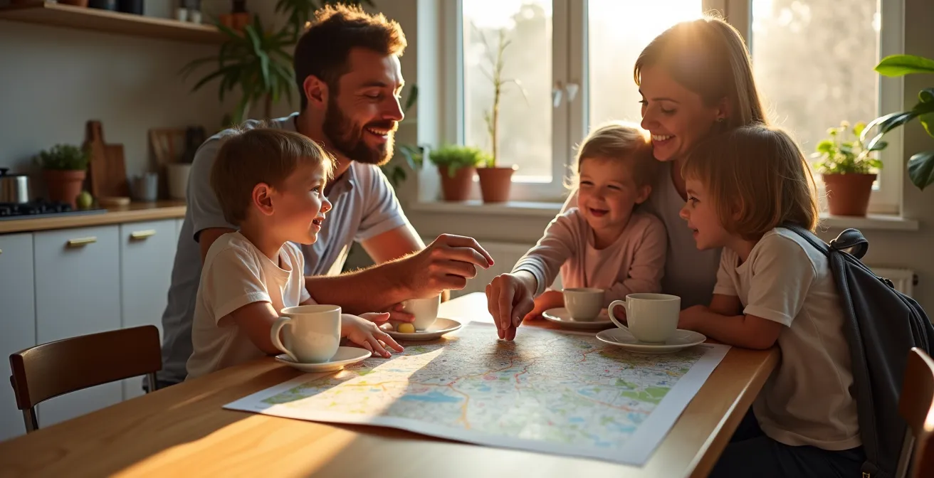 Familie plant gemeinsam ihren Berlintag mit Karte und Snacks am Frühstückstisch