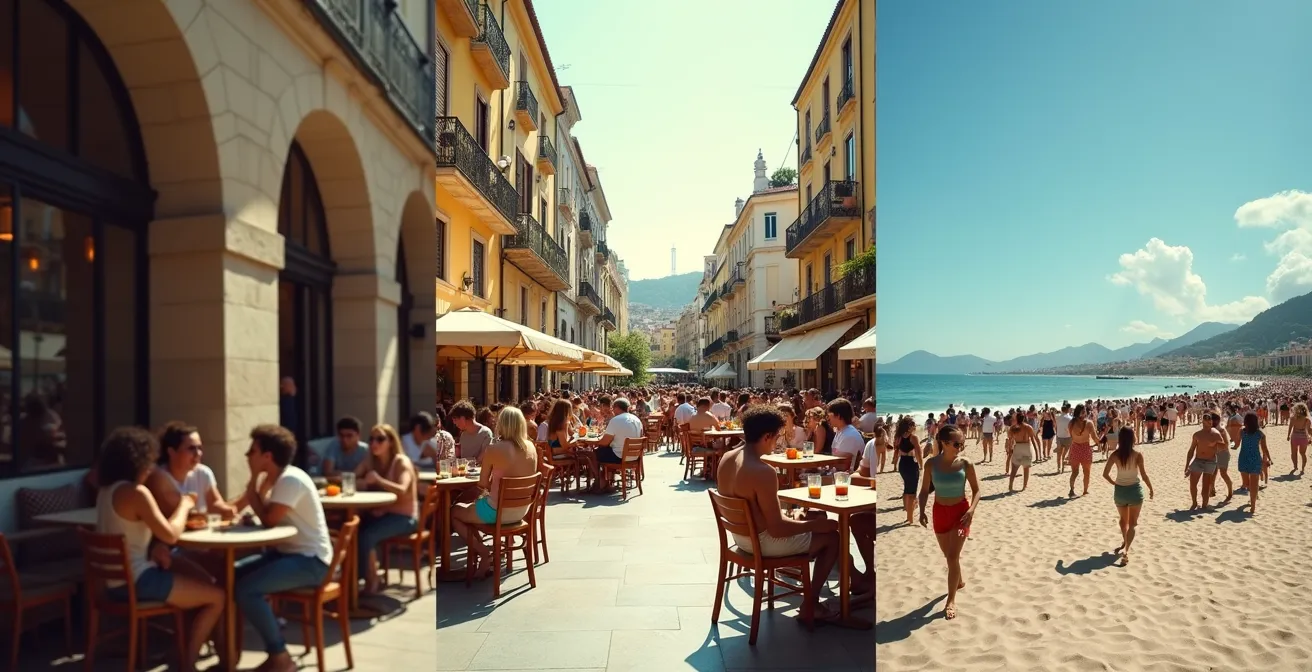 Split-Screen-Komposition zeigt drei verschiedene soziale Szenen in Berlin, Barcelona und Rio