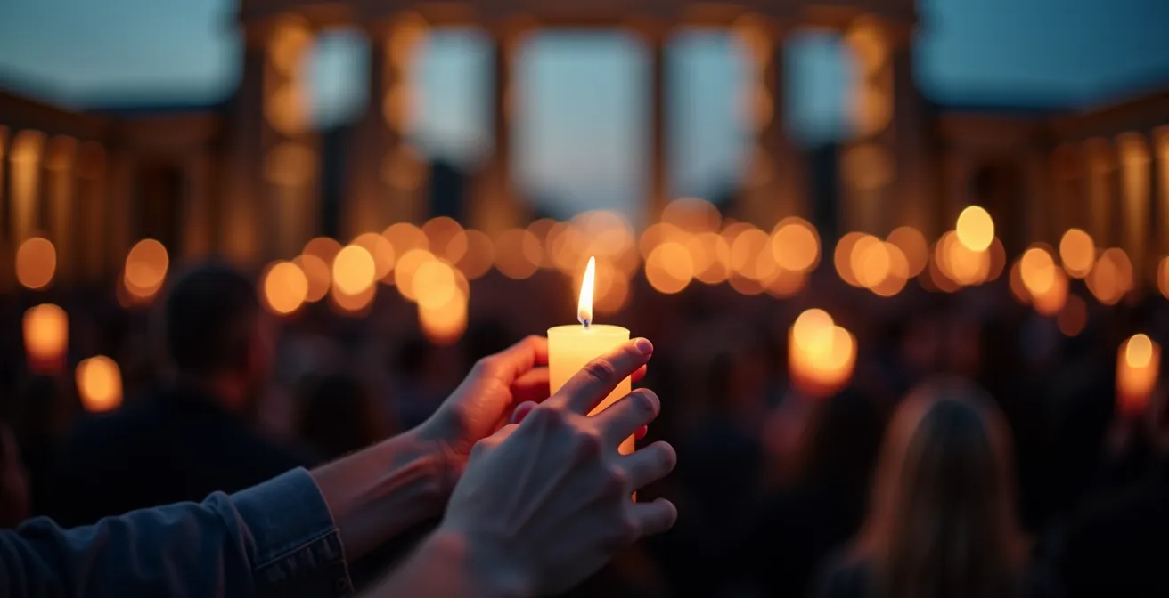 Gedenkveranstaltung am Brandenburger Tor bei Abenddämmerung