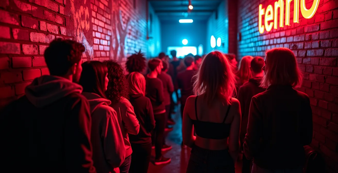 Nächtliche Szene an der East Side Gallery mit beleuchteter Mauerkunst und Menschen