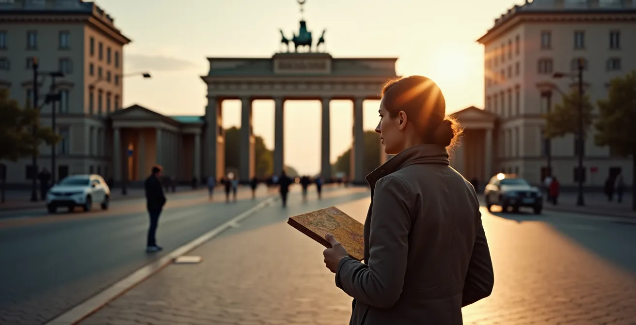 Luftaufnahme von Berlin mit markierten historischen Stationen entlang einer Route