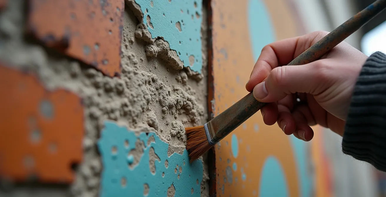Detailaufnahme einer Künstlerhand, die an einem Werk in einer umgewandelten Fabrikhalle arbeitet, wodurch der Kontrast zwischen rauer Industriearchitektur und kreativem Schaffen sichtbar wird.