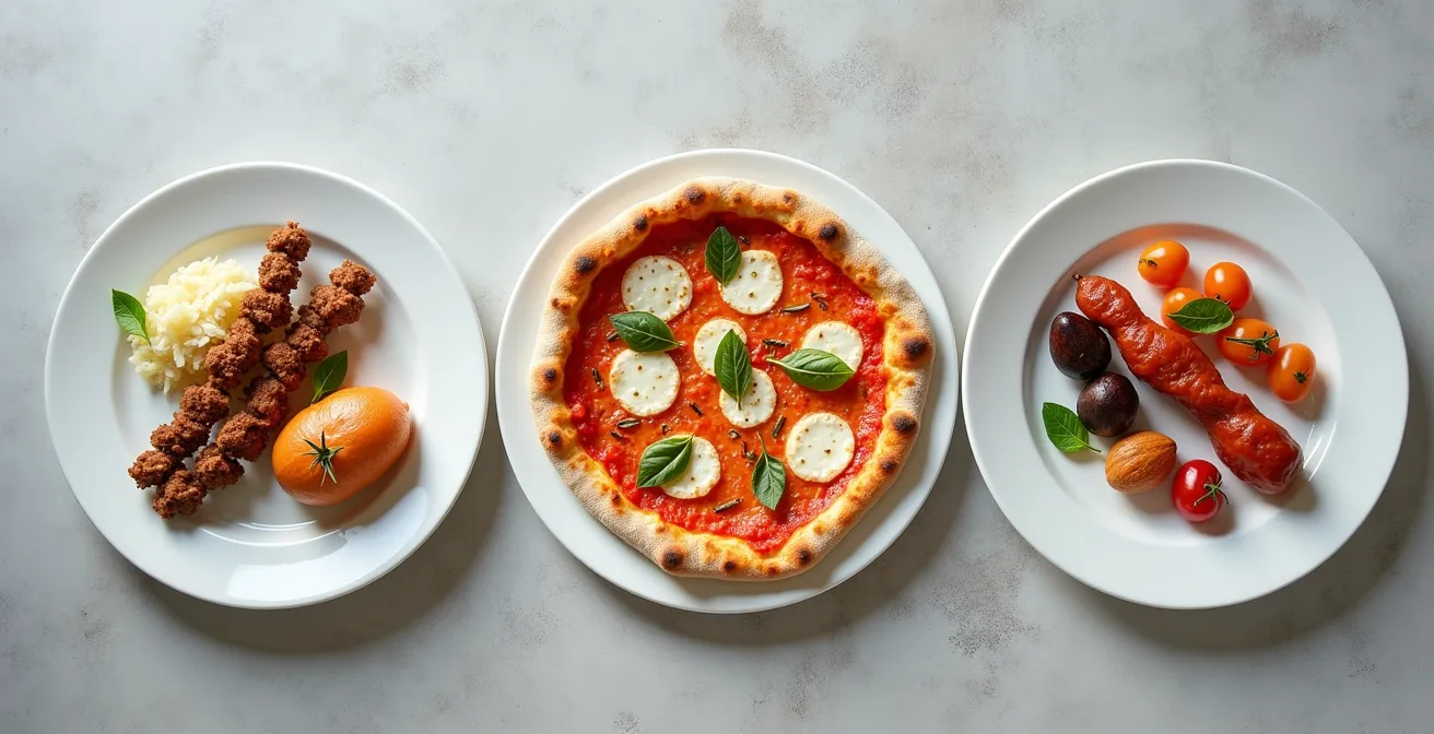 Vogelperspektive auf drei verschiedene Teller mit Berliner, neapolitanischer und türkischer Küche