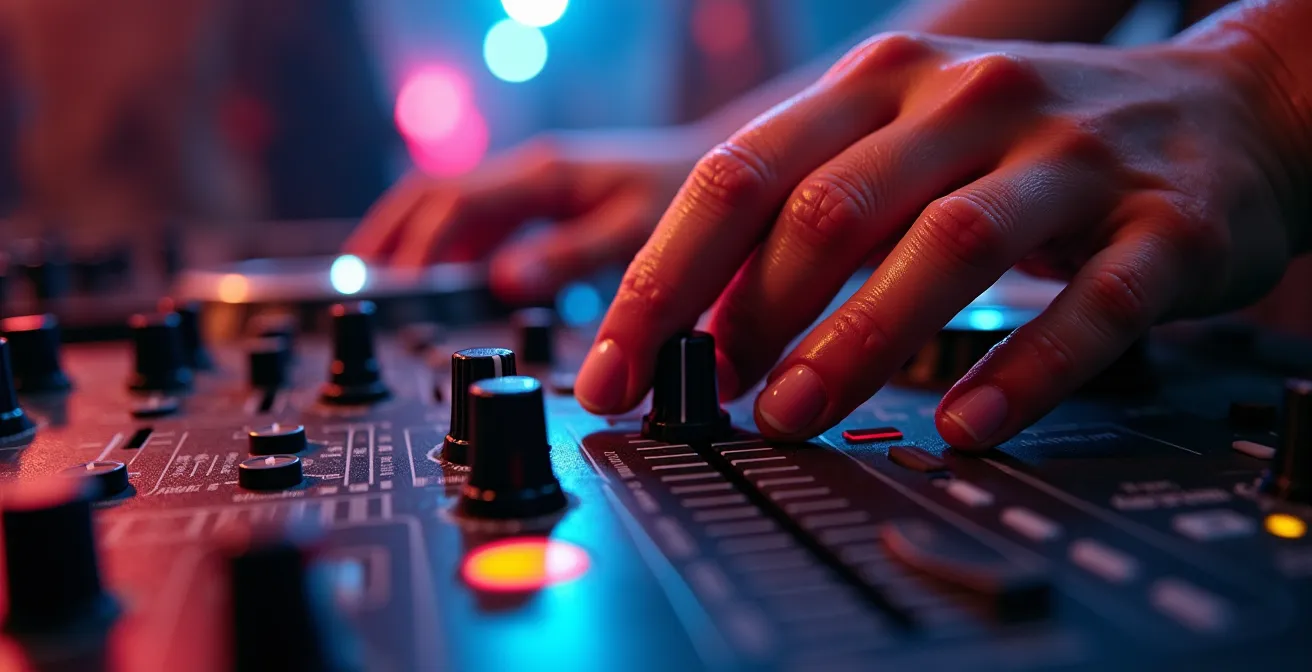 Makroaufnahme von schwitzenden Händen auf einem DJ-Pult mit verschwommenem Club-Hintergrund