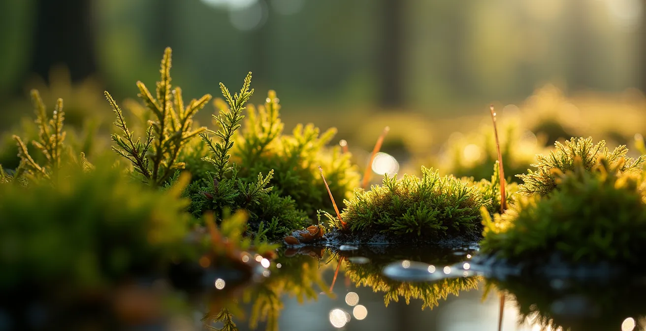 Detailaufnahme von Berliner Moorlandschaft mit Torfmoosen und Wasserspiegelungen