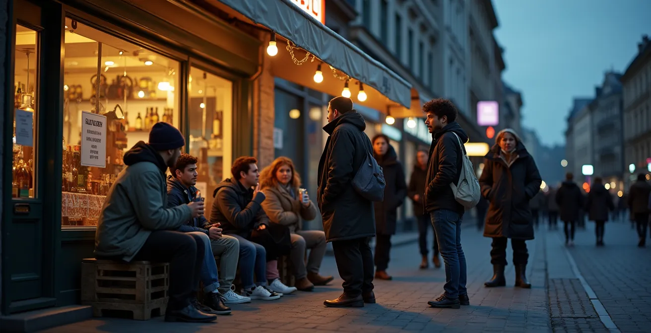 Berliner vor einem Spätkauf am Abend mit lokalem Treiben