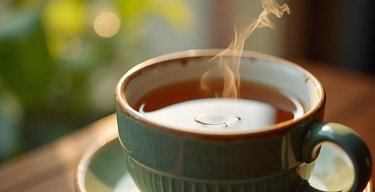 Makroaufnahme von Teetasse mit Dampf und unscharfem Park im Hintergrund