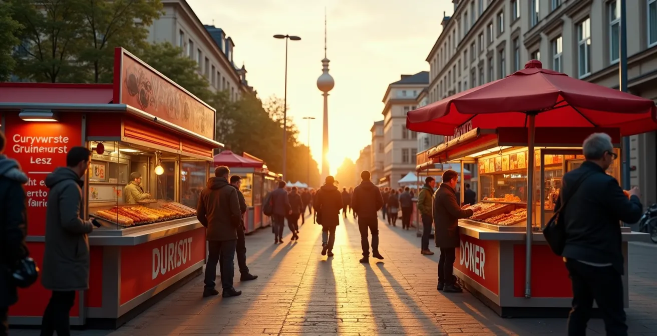 Berliner Straßenmarkt mit verschiedenen Essenständen vom Döner bis zur Currywurst