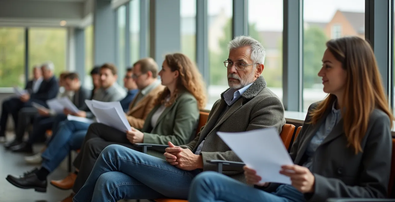 Modernes Bürgeramt-Gebäude mit wartenden Menschen verschiedener Nationalitäten