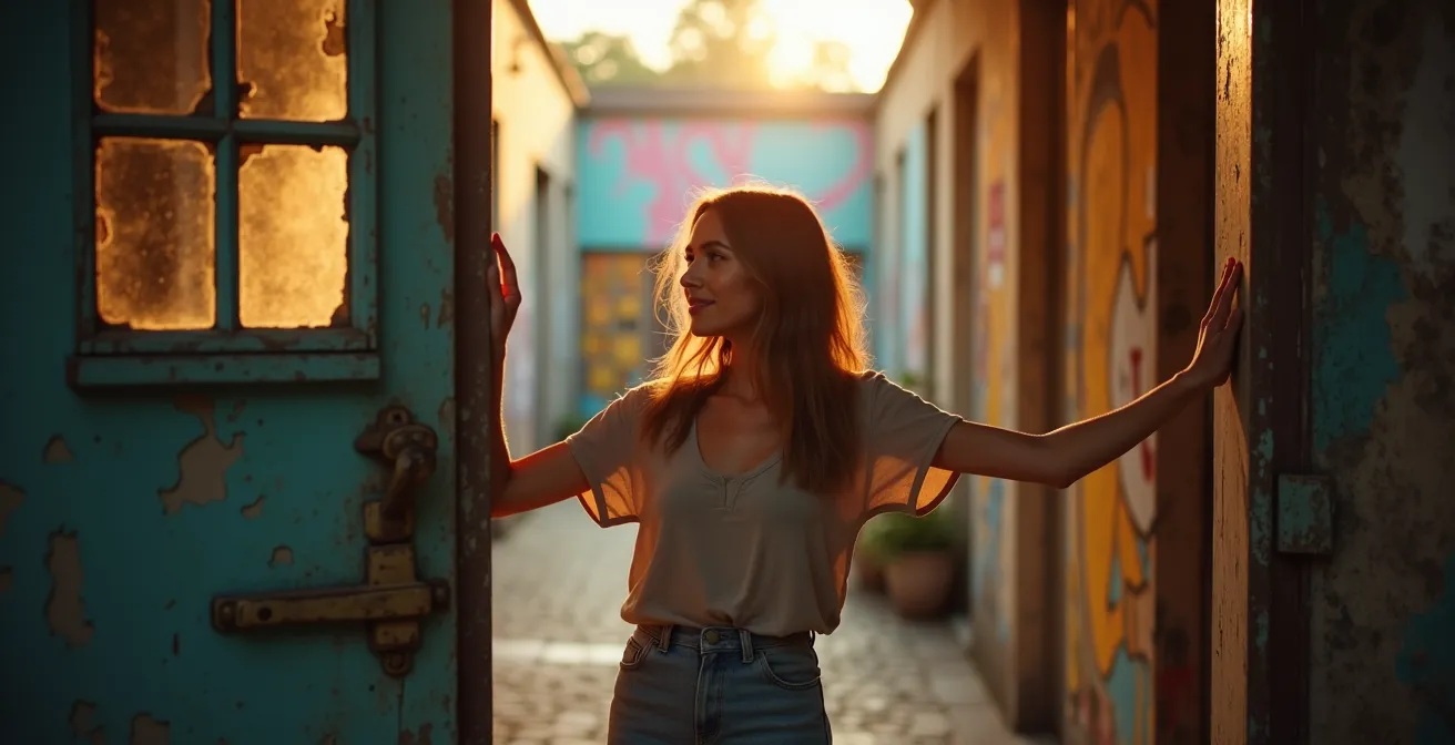 Versteckte Künstlerateliers in einer Person, die eine Tür zu einem kreativen Berliner Hinterhof öffnet