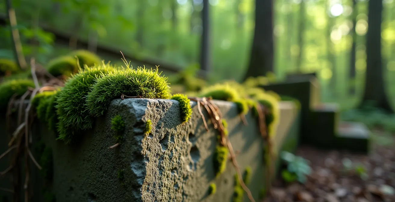 Mauerweg durch Waldgebiet mit Fundamentresten von Wachtürmen