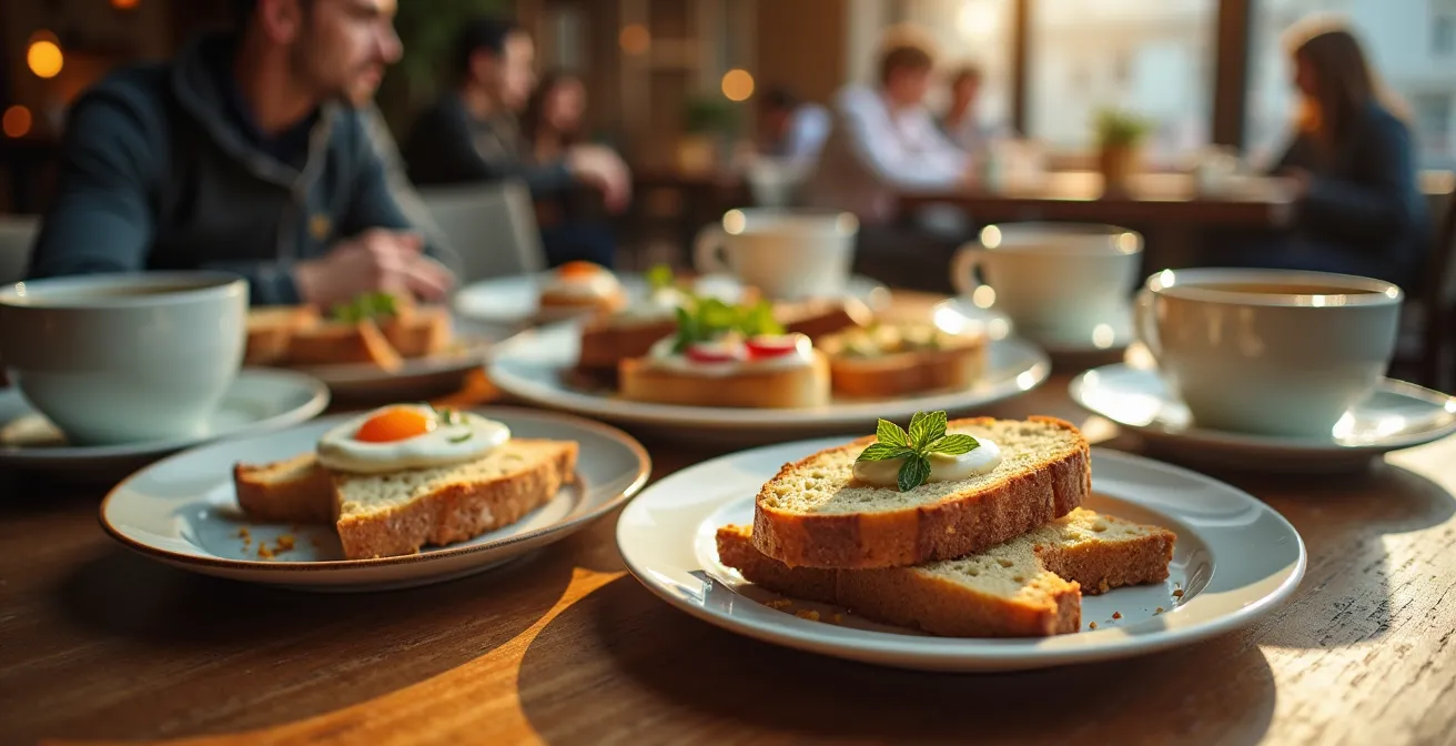 Volles Berliner Café beim Sonntagsbrunch mit verschiedenen Generationen
