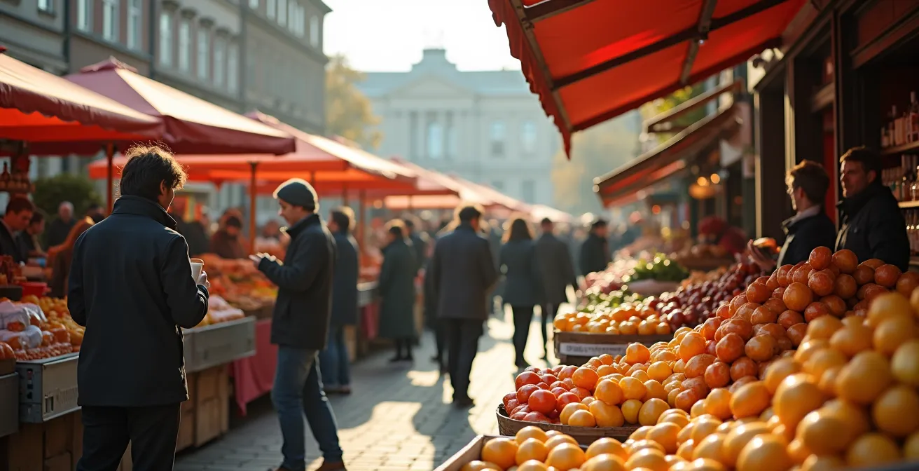 Lebhafter Berliner Wochenmarkt mit sozialen Interaktionen in der Morgensonne.