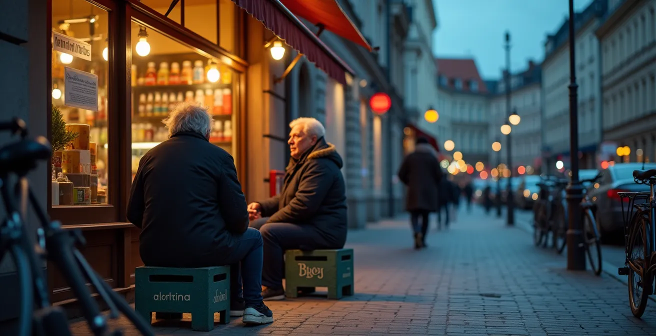 Spätkauf mit Anwohnern vor der Tür im abendlichen Berliner Kiez