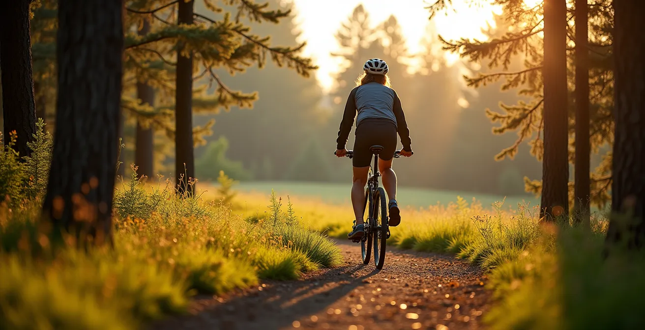 Radfahrer auf einem Waldweg im Berliner Umland mit weiter Landschaft
