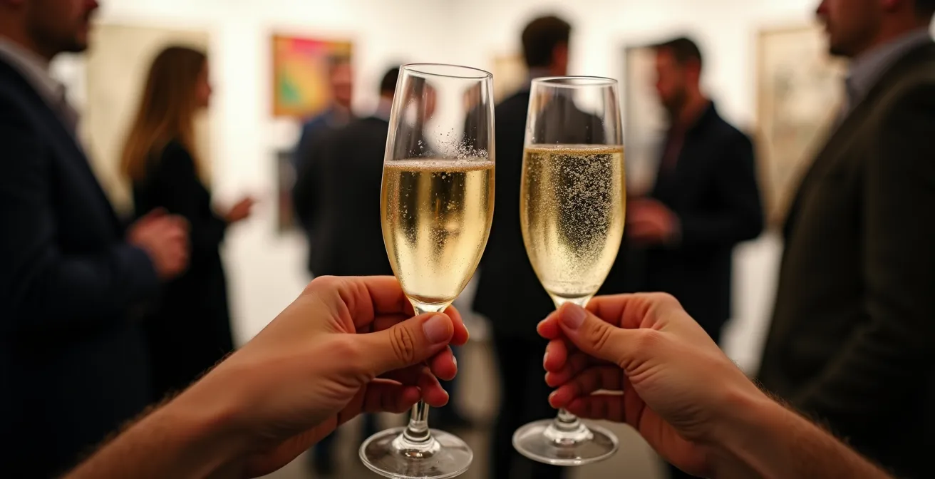 Nahaufnahme von zwei Sektgläsern, die bei einer Vernissage in einer Berliner Galerie angestoßen werden