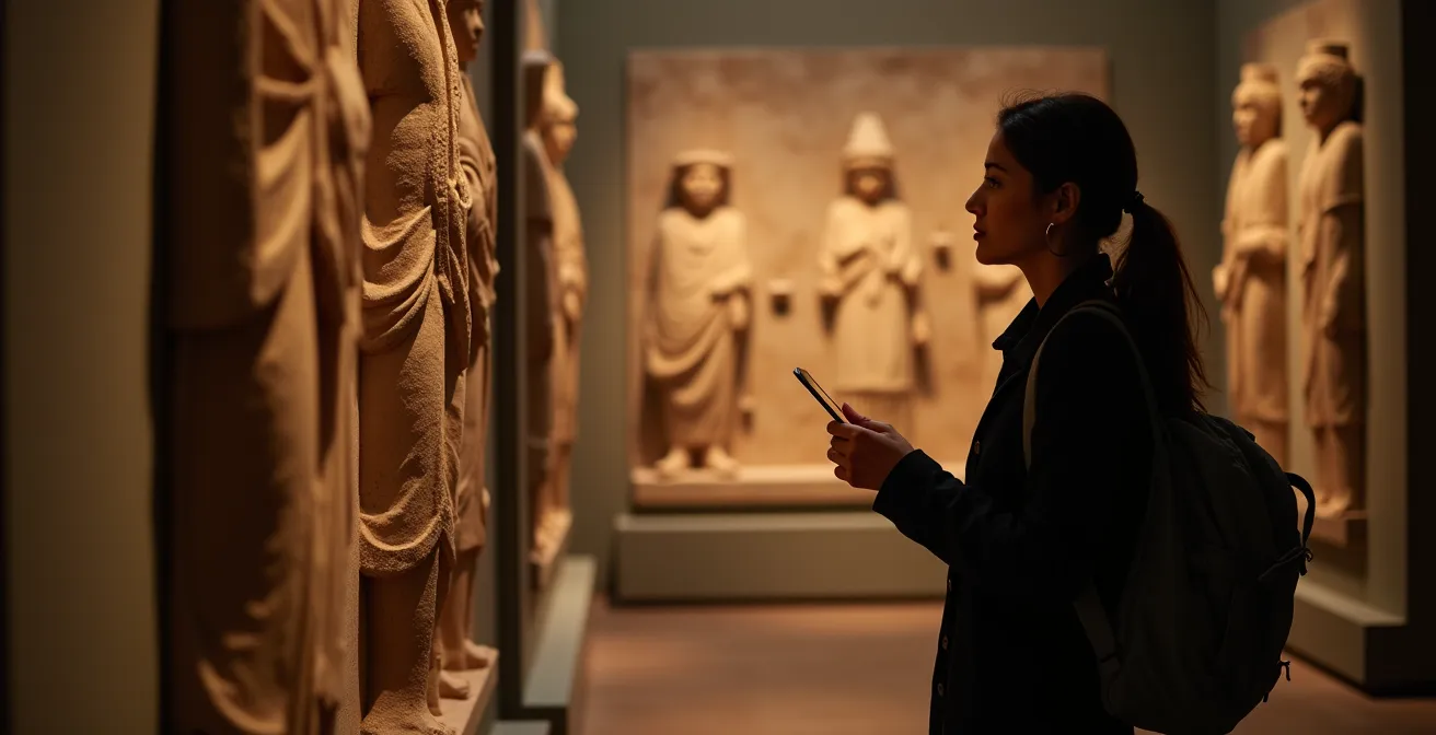 Museumsbesucher studiert intensiv Details des Pergamonaltars