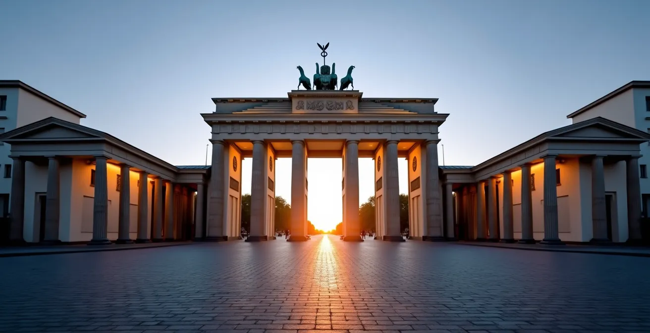 Das Brandenburger Tor in der Morgendämmerung ohne Touristen, goldenes Licht auf Sandstein