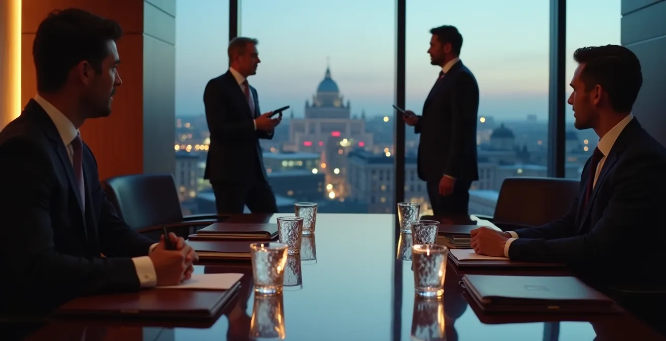 Geschäftsleute in elegantem Meeting-Raum mit Panoramablick über Berlin