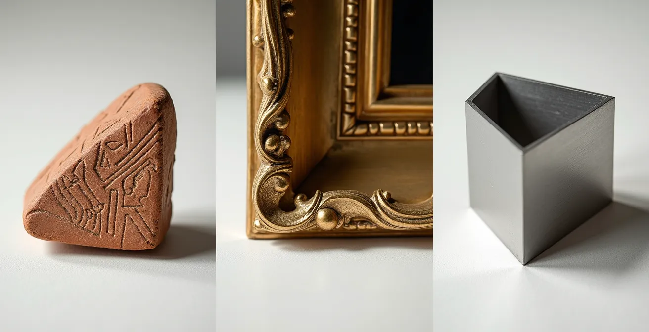 Visueller Vergleich dreier Kunstepochen in Berliner Museen: antike Keramik, barocker Rahmen und moderne Skulptur.