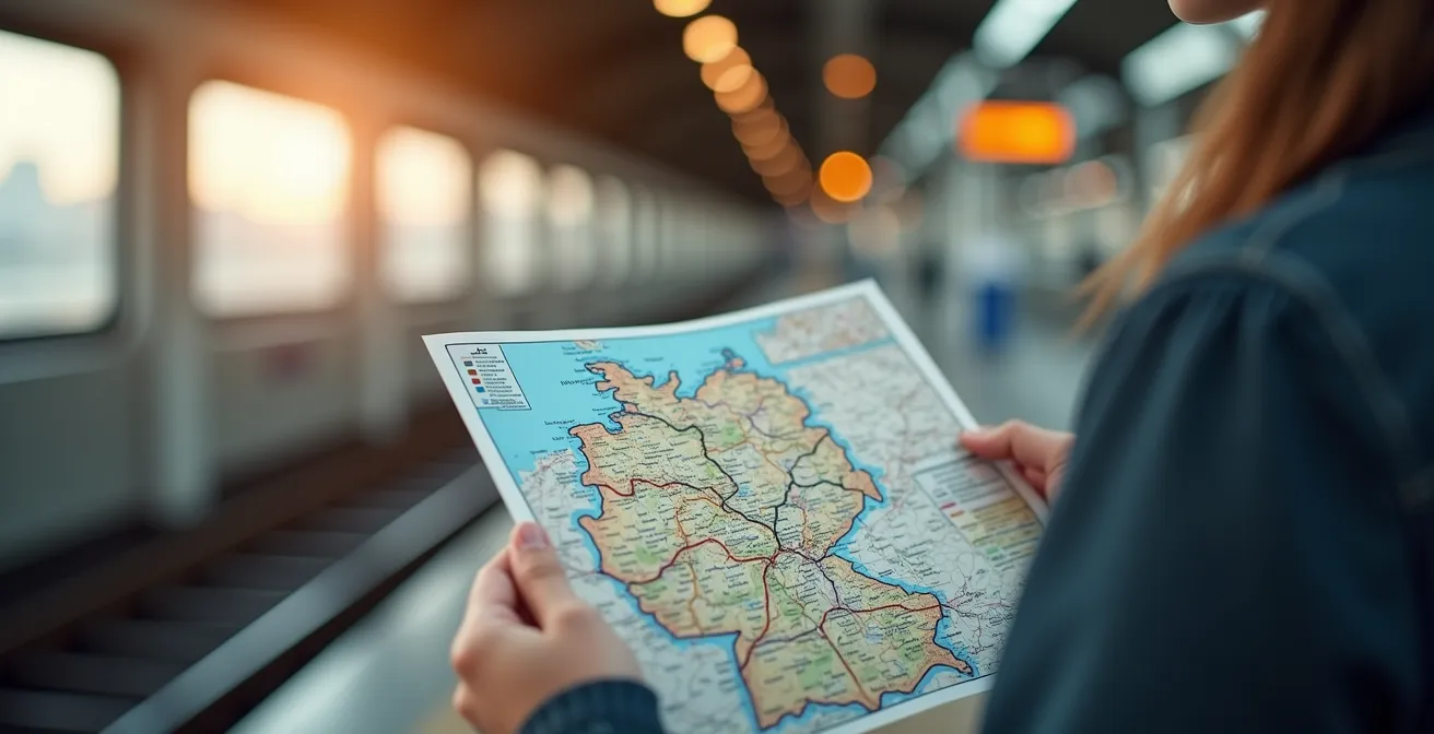 Reisender studiert Deutschlandkarte mit markierten Zugverbindungen am modernen Bahnhof