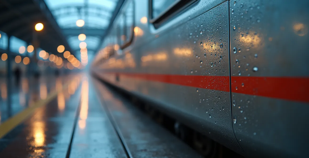 Makroaufnahme eines ICE-Zuges mit verschwommenem Bewegungseffekt auf deutschem Bahnhof
