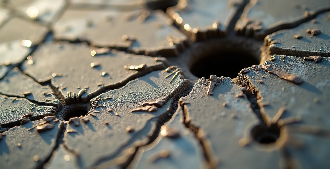 Makroaufnahme von Einschusslöchern in der historischen Fassade des Pergamonmuseums in Berlin, die die Narben des Krieges zeigt.