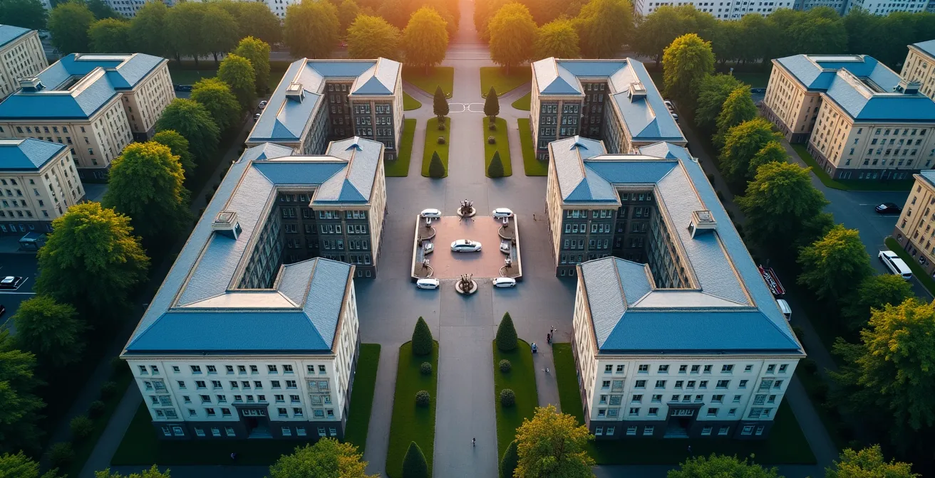 Moderne und historische Botschaftsgebäude im Berliner Tiergarten aus der Vogelperspektive