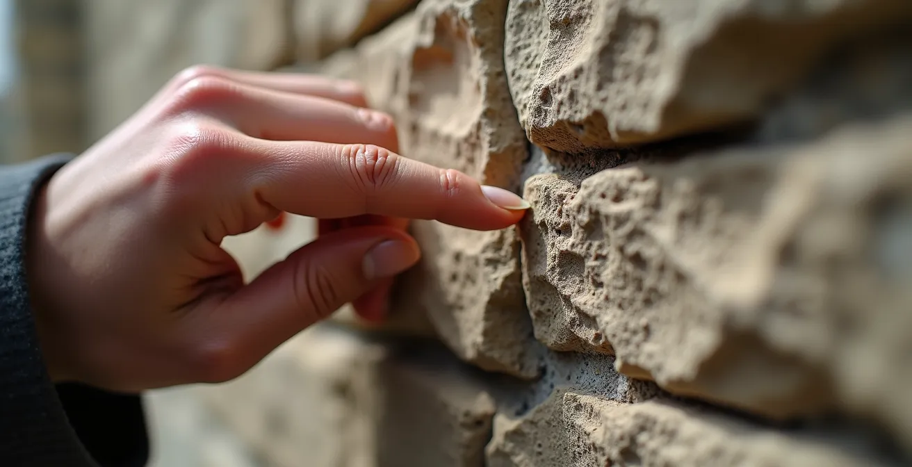 Nahaufnahme einer Hand, die auf kaum sichtbare historische Spuren an einer Hauswand zeigt