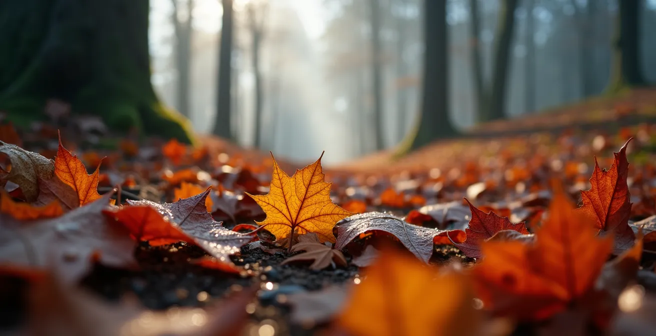 Nebliger Novembermorgen am Müggelsee mit buntem Herbstlaub