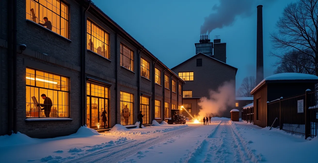 Winterliche Abendansicht einer umgebauten Fabrikhalle in Berlin, aus deren Fenstern warmes Licht auf einen schneebedeckten Hof fällt.