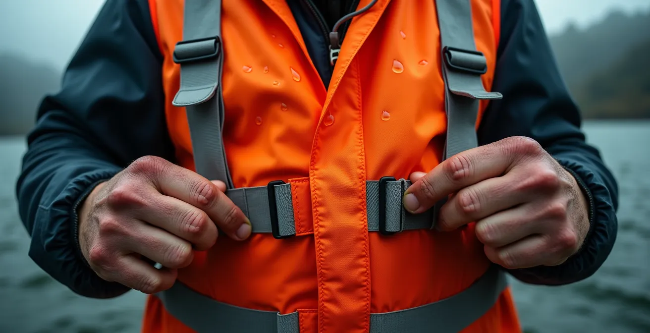 Nahaufnahme von Sicherheitsausrüstung beim Kajakfahren mit dunklen Gewitterwolken im Hintergrund