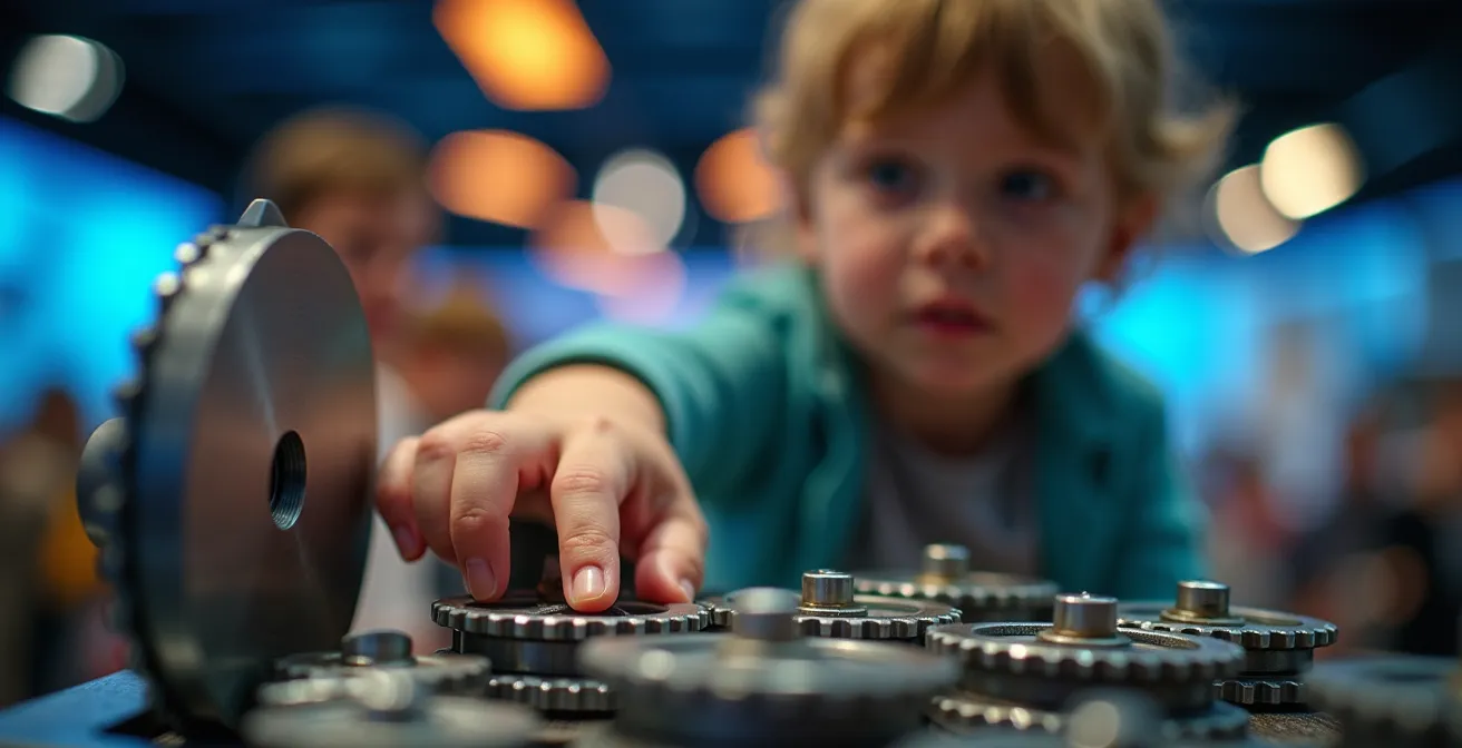 Kind experimentiert begeistert an einer interaktiven Wissenschaftsstation im Museum