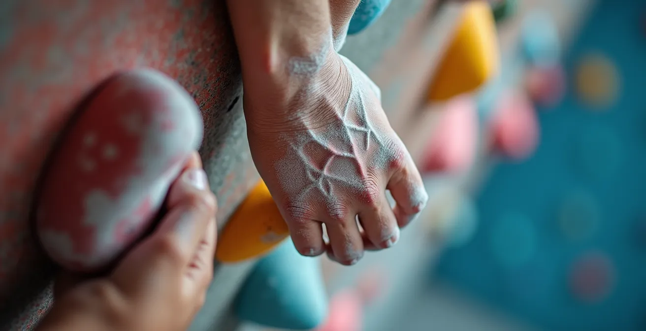 Lebendige Szene in einer Berliner Boulderhalle mit Kletterern verschiedener Levels
