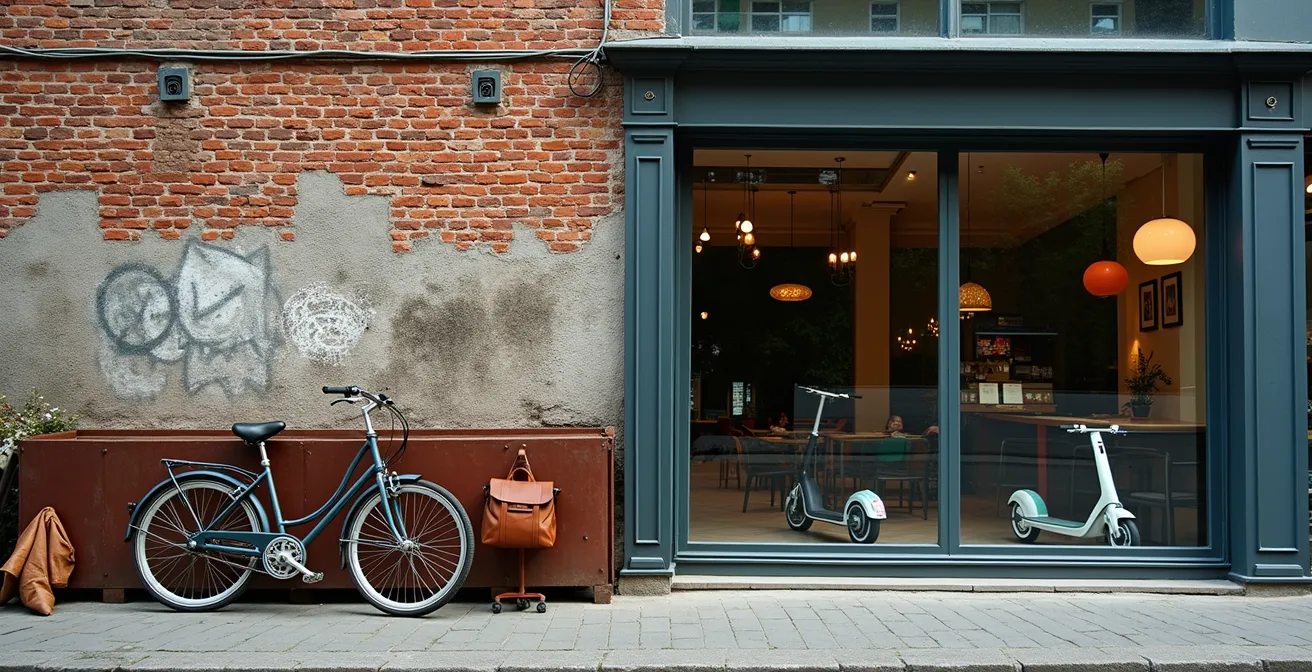 Kontrast zwischen alter Punk-Ästhetik und moderner Startup-Kultur in Kreuzberg