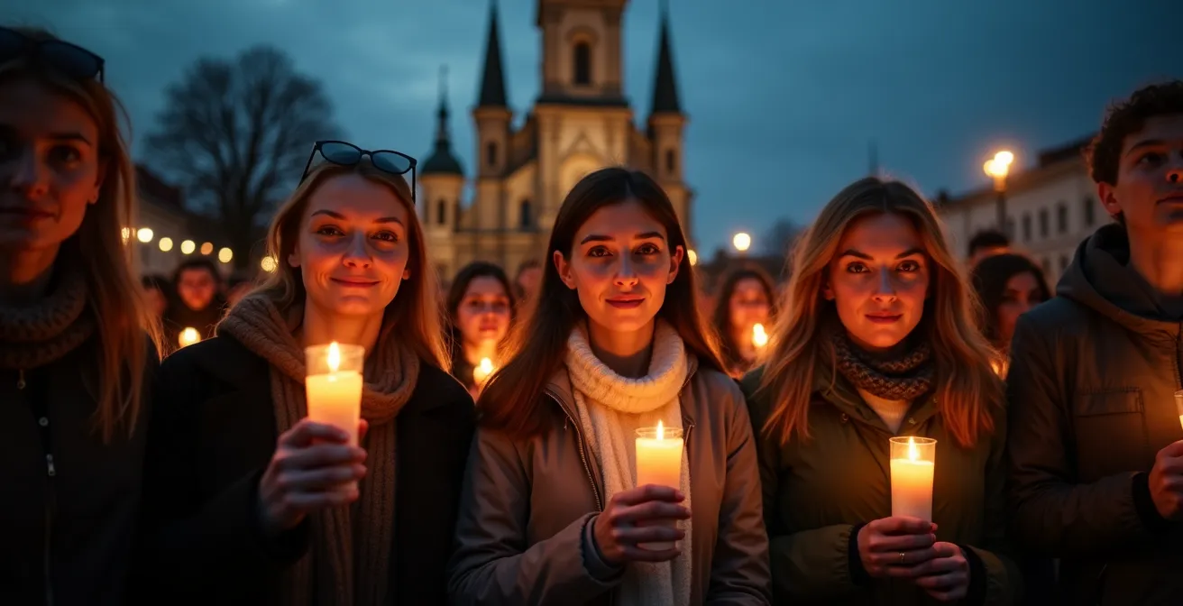 Friedliche Demonstranten mit Kerzen vor der Nikolaikirche in Leipzig während der Montagsdemonstration