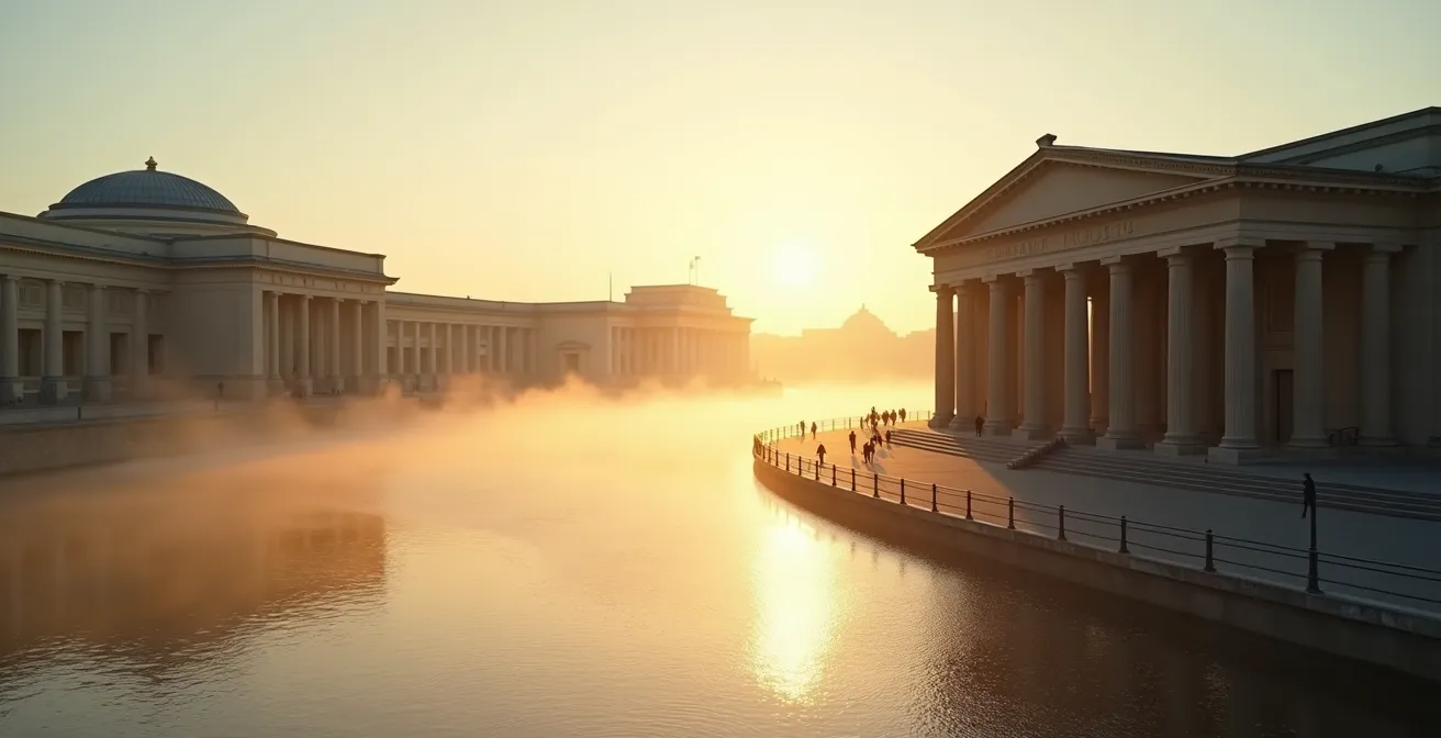 Atmosphärische Ansicht der Berliner Museumsinsel im Morgenlicht, die die monumentale Architektur hervorhebt.