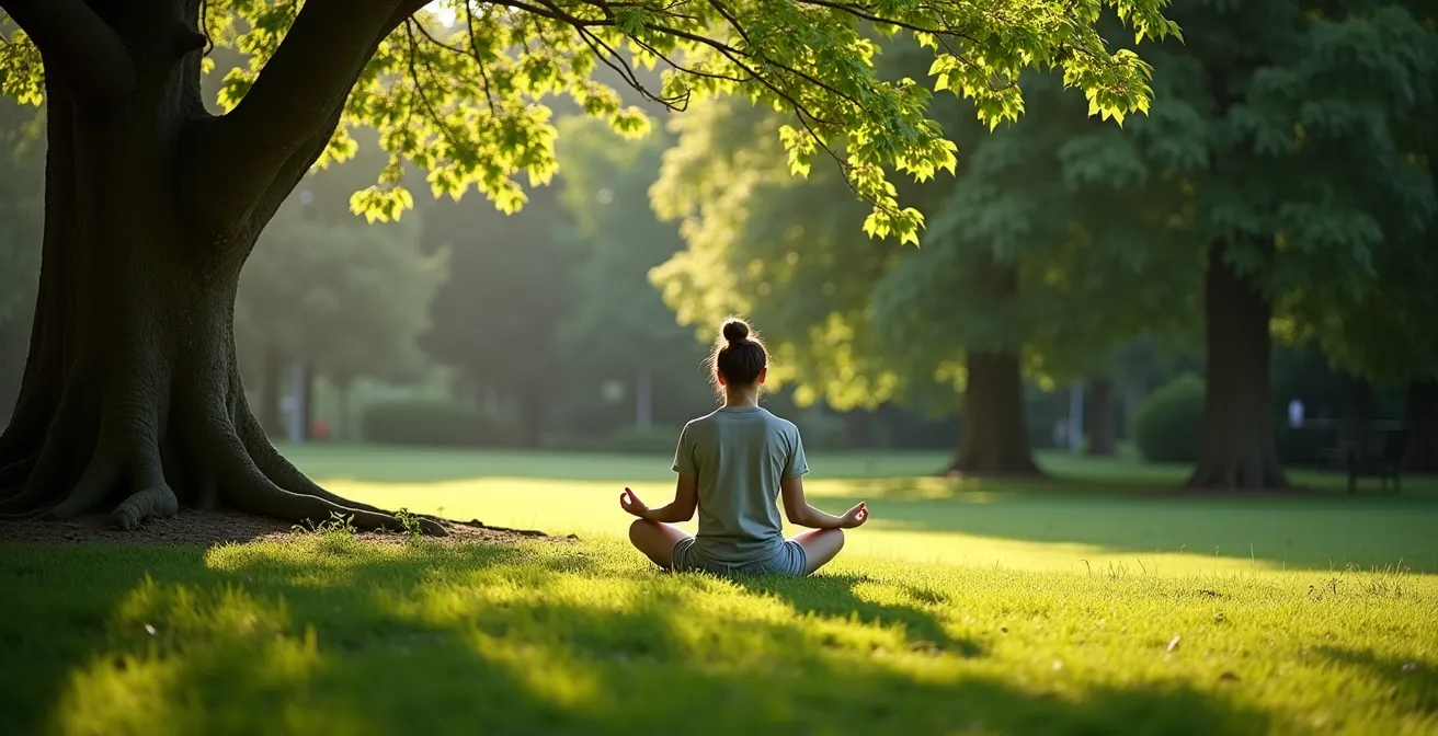 Verschiedene Parkaktivitäten in Berliner Grünanlagen: Meditation, Lesen, Picknick und Vogelbeobachtung